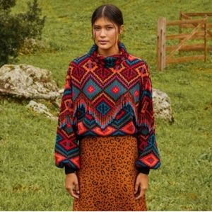 Farm Rio Rauti Beaded Fringe Tassel Turtleneck Sweater Size S